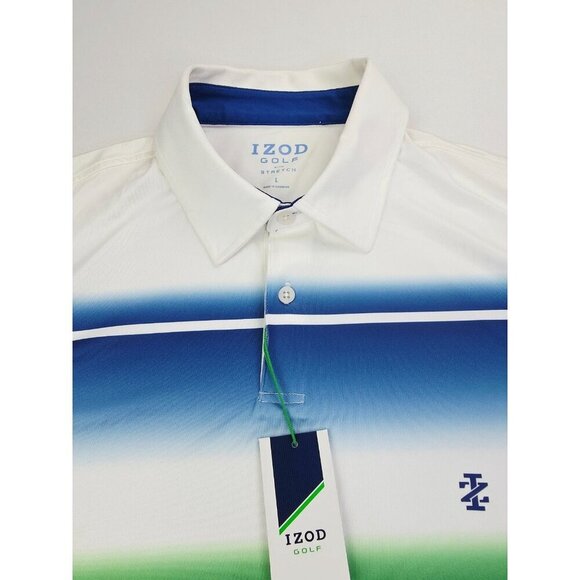 Izod Golf Stretch Size Large Mens White Green Blue Colorblock UPF-15 Polo NWT - Picture 5 of 11